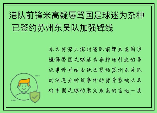 港队前锋米高疑辱骂国足球迷为杂种 已签约苏州东吴队加强锋线