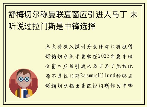 舒梅切尔称曼联夏窗应引进大马丁 未听说过拉门斯是中锋选择